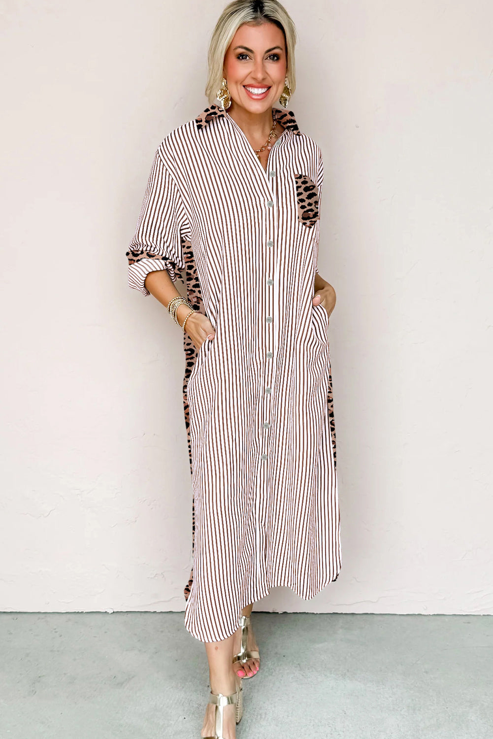 Sky Blue Stripe Contrast Leopard Patchwork Long Shirt Dress with Slits
