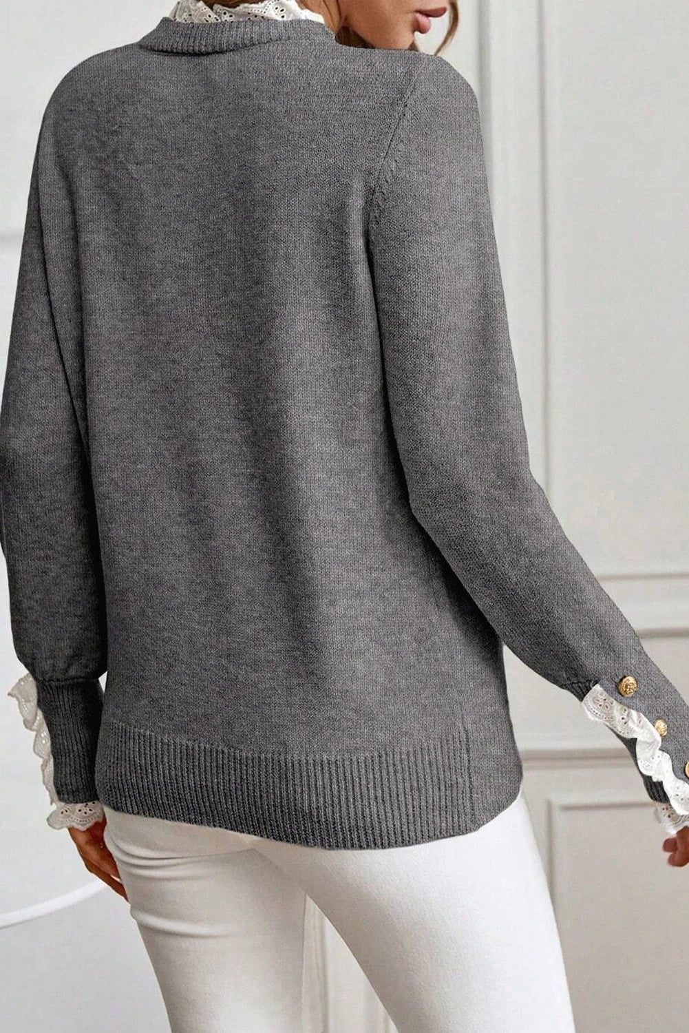 Jet Stream Lace Trim Patchwork Buttoned Cuffs Loose Sweater