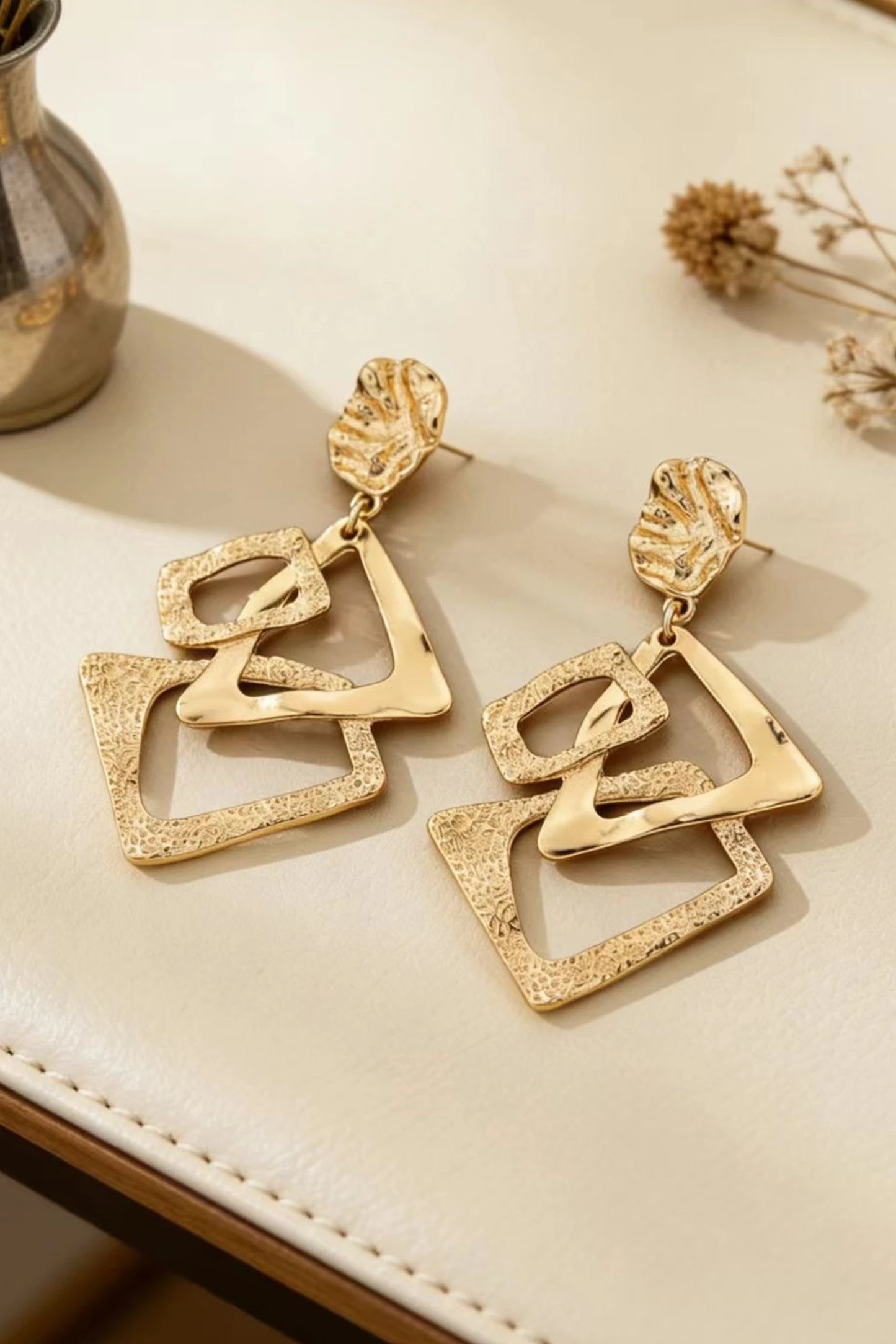 Gold Daring Studded Geometric Dangle Earrings