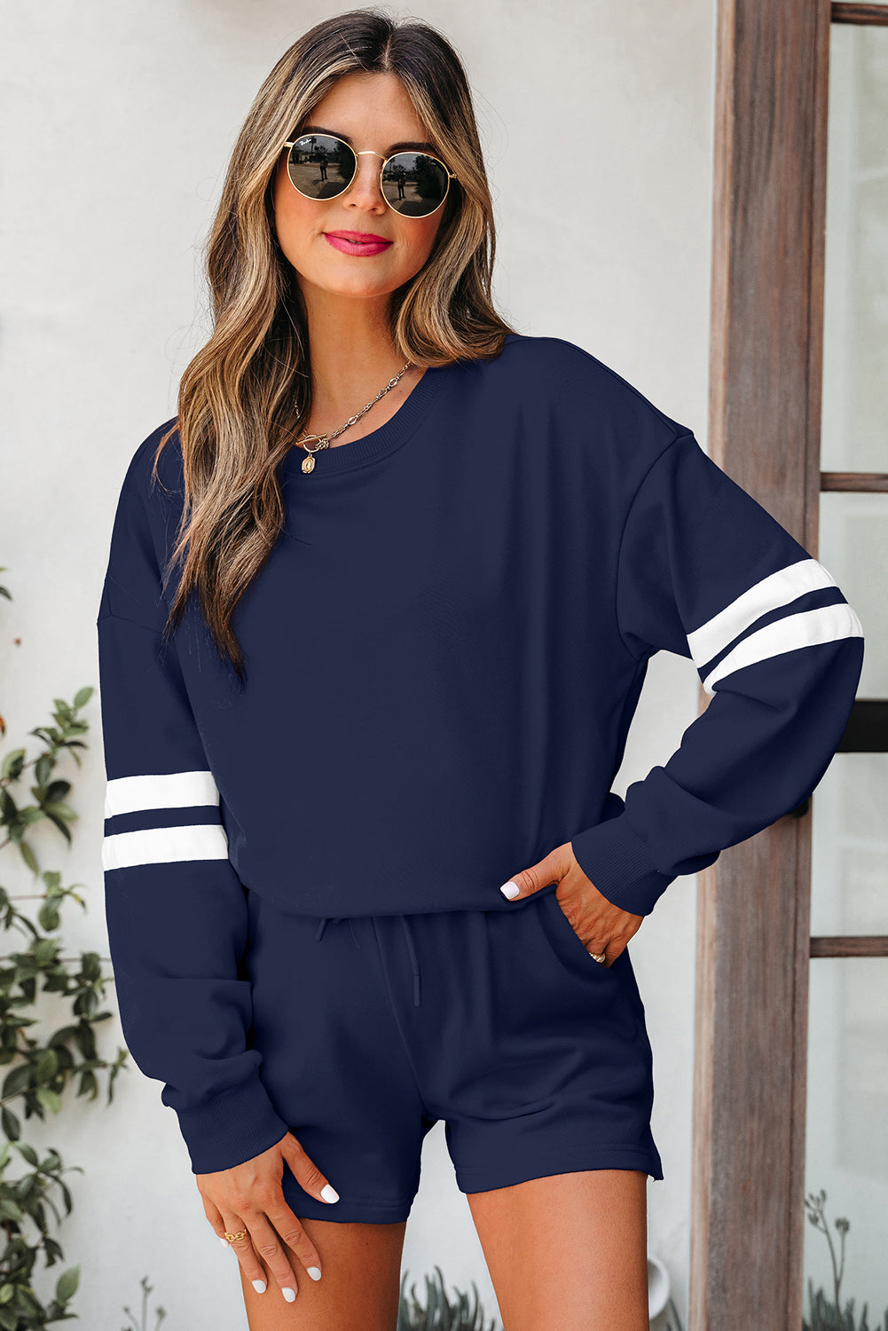Black Varsity Striped Sleeve Drop Shoulder Sweatshirt and Short Set