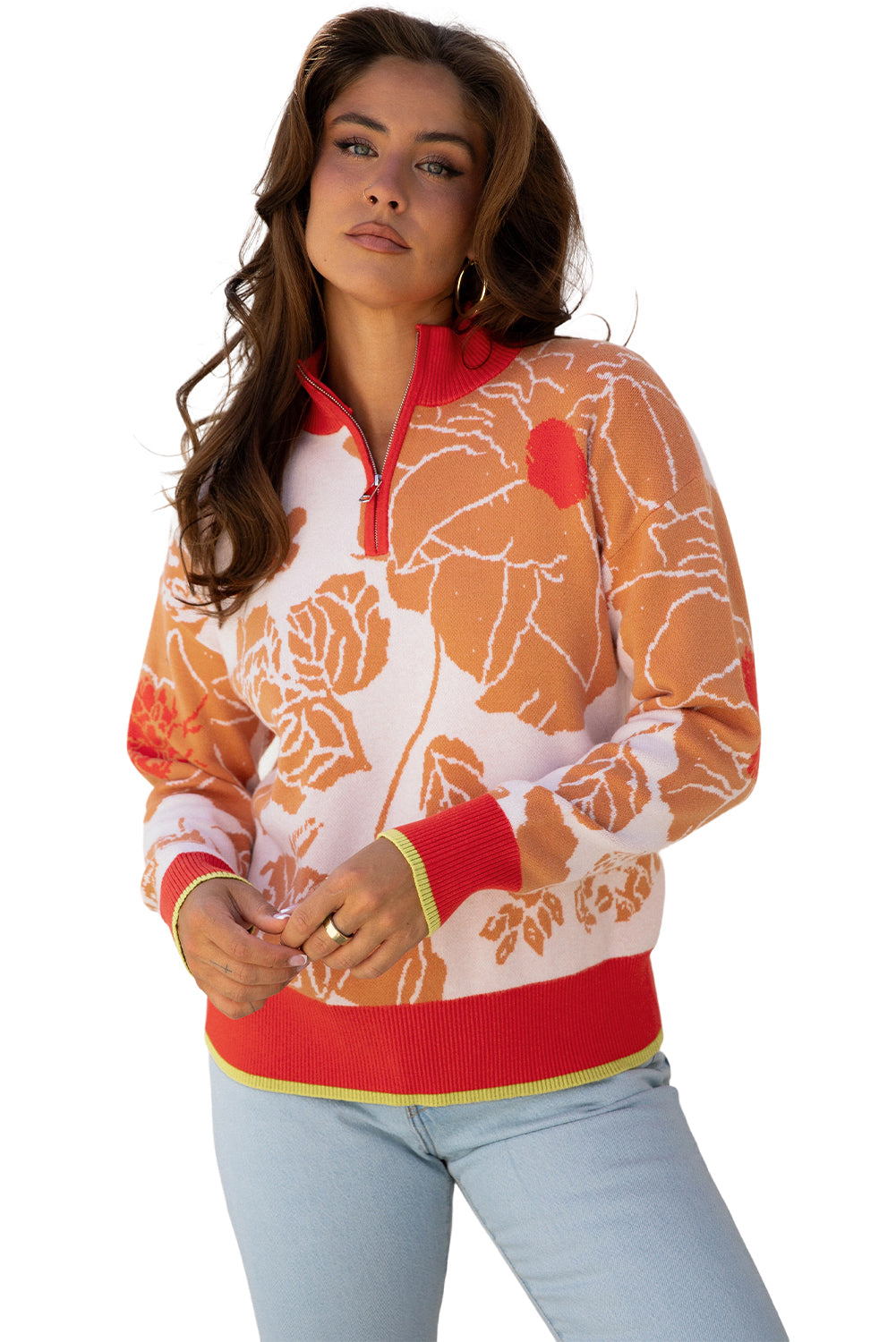 Khaki Floral Half Zip Collared Pullover Sweater