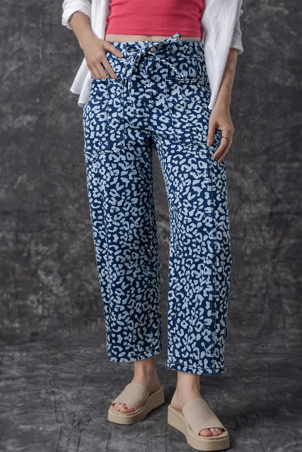 Khaki Leopard Printed Drawstring Waist Pocketed Wide Leg Jeans