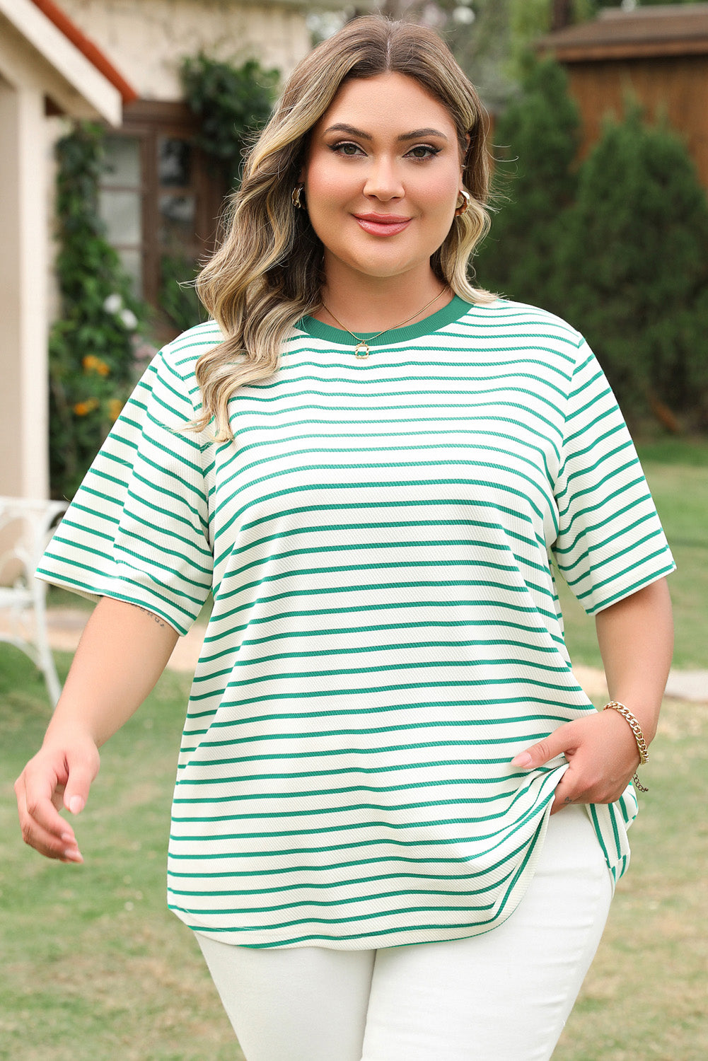Green Stripe Plus Size St Patricks Day Round Neck T Shirt