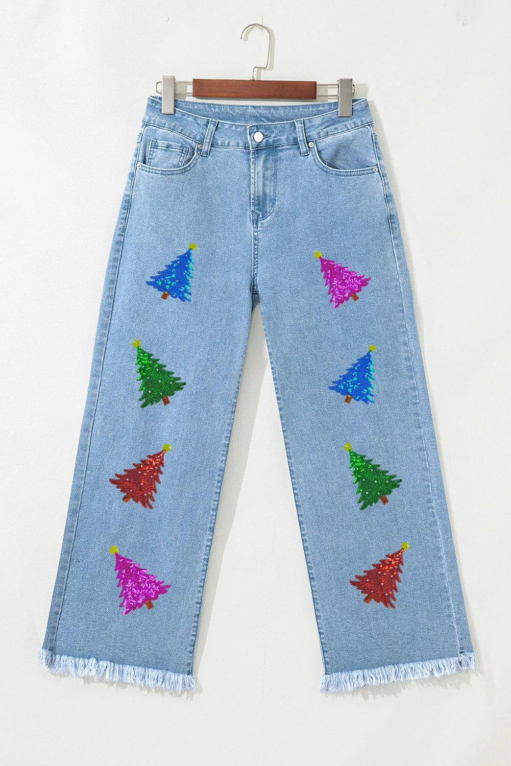 Myosotis Colorful Sequin Christmas Tree Patched Raw Hem Cropped Wide Leg Jeans