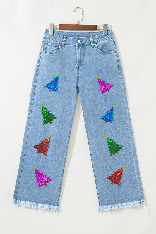 Myosotis Colorful Sequin Christmas Tree Patched Raw Hem Cropped Wide Leg Jeans