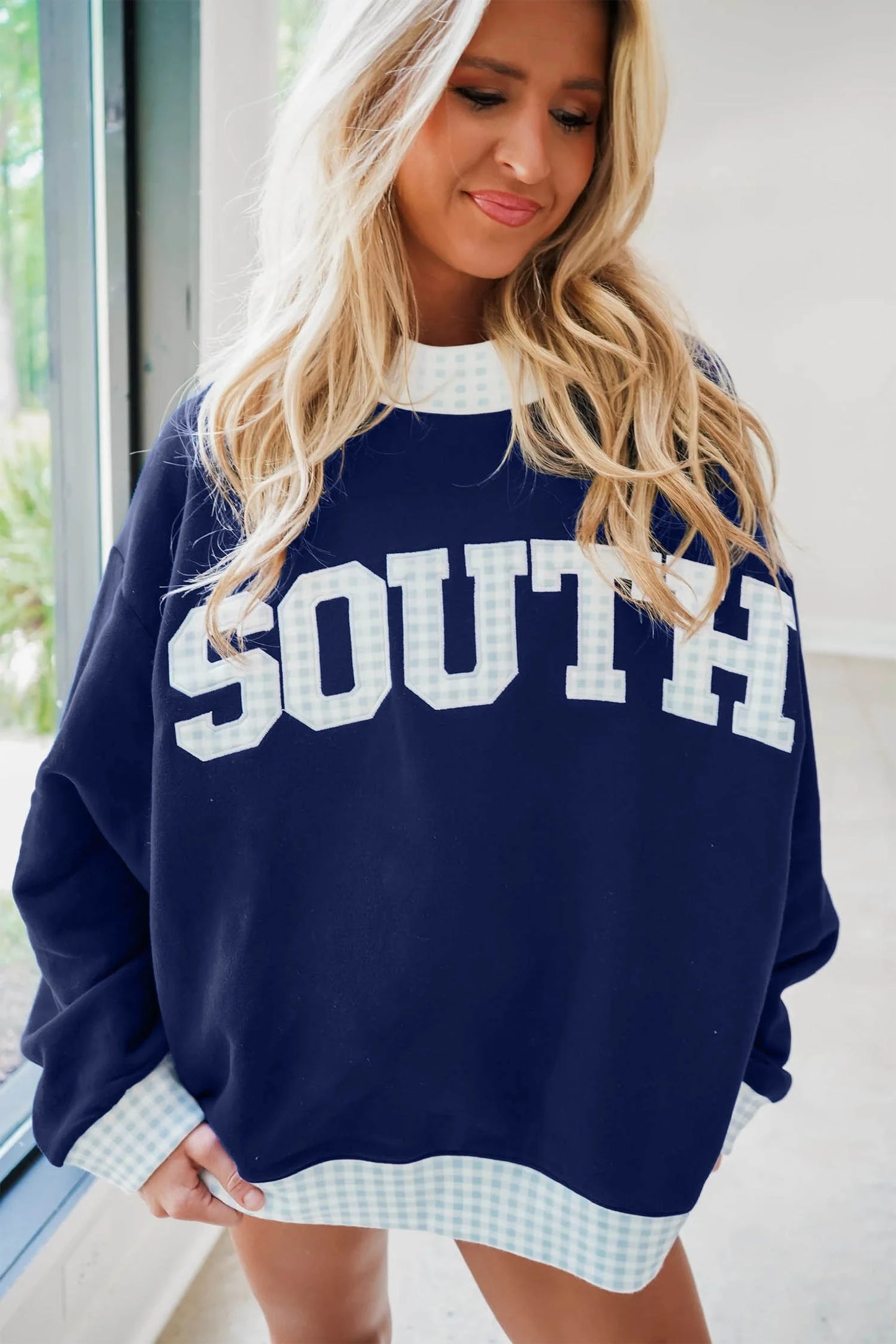 Plaid Trim High Neck SOUTH Letter Graphic Baggy Sweatshirt