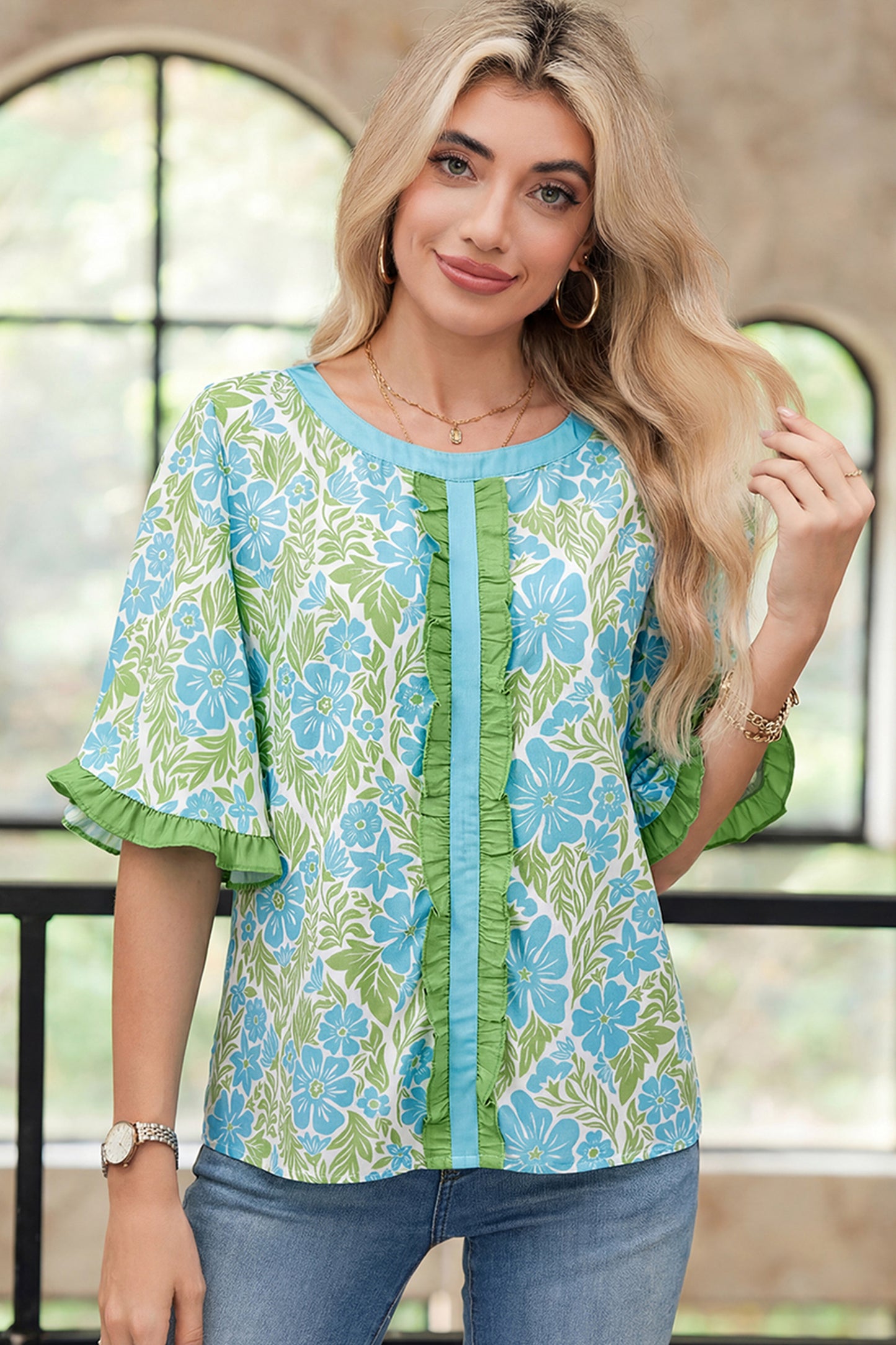 Floral Viscose Blouse Casual Ruffle Trim Flutter Sleeve Top