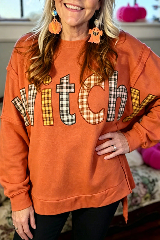 Flamingo Halloween Witchy Plaid Slogan Embroidered Patch Tunic Sweatshirt