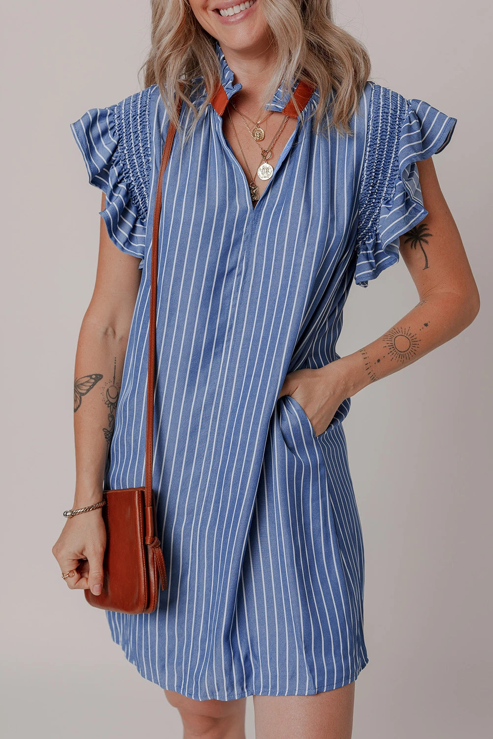 Sky Blue Stripe Frilly Split Neck Shirred Ruffle Sleeve Short Shift Dress