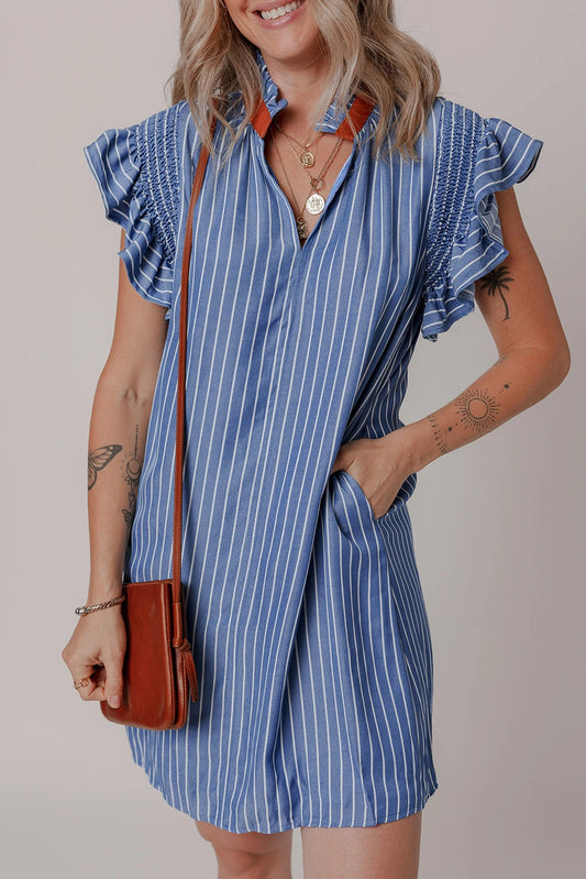 Sky Blue Stripe Frilly Split Neck Shirred Ruffle Sleeve Short Shift Dress