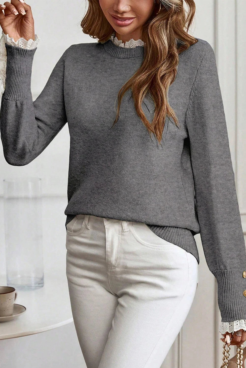 Jet Stream Lace Trim Patchwork Buttoned Cuffs Loose Sweater