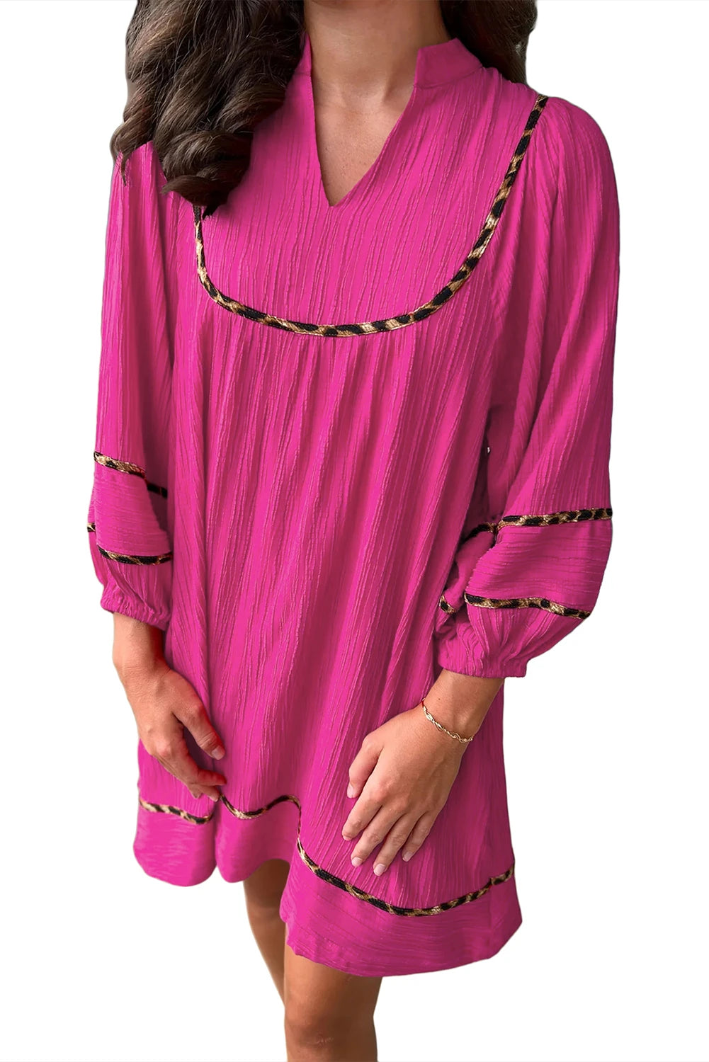 Fiery Red Textured V Neck Leopard Contrasted Trim Long Sleeve Shift Mini Dress