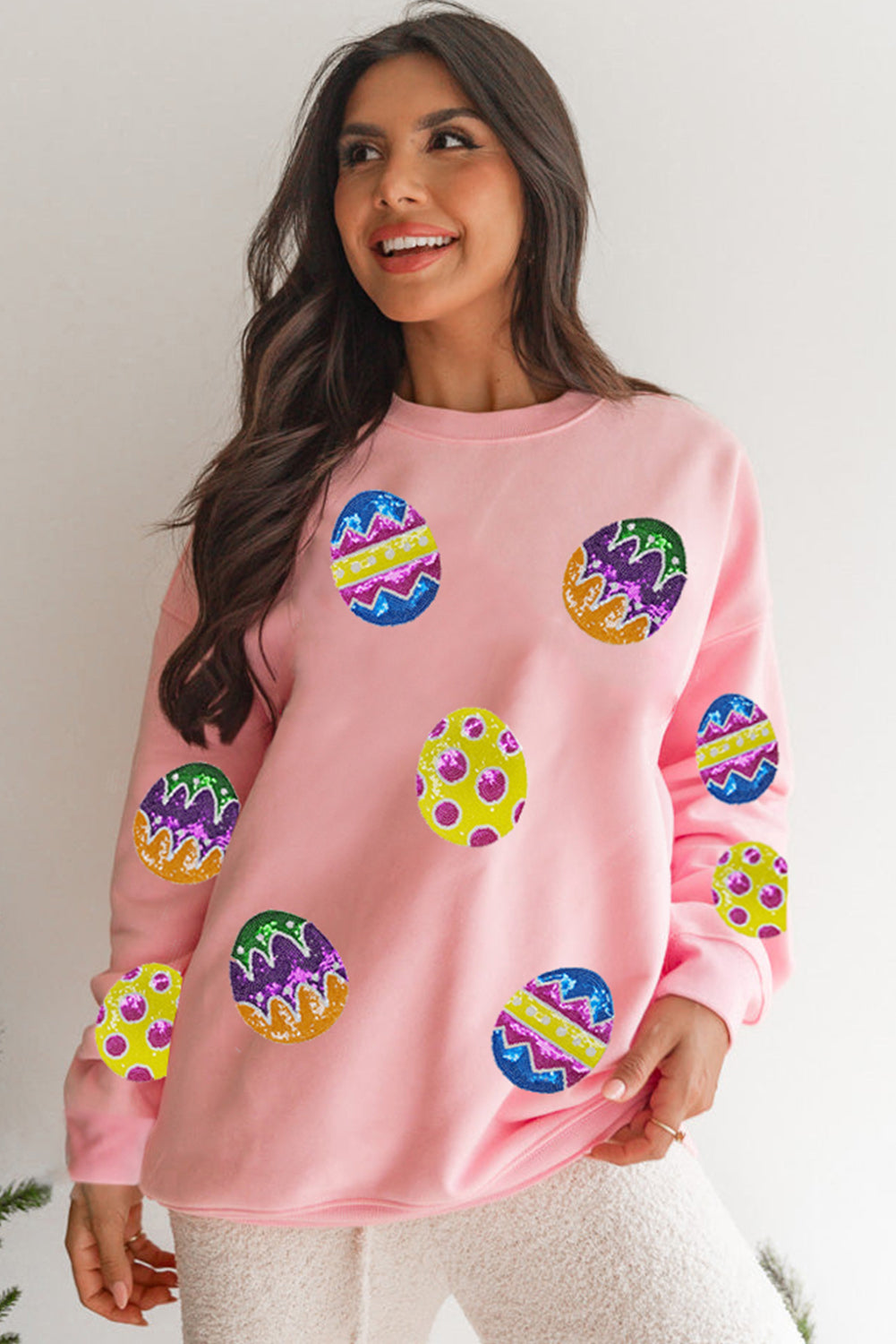 Pink Easter Egg Patched Graphic Drop Shoulder Pullover Sweatshirt