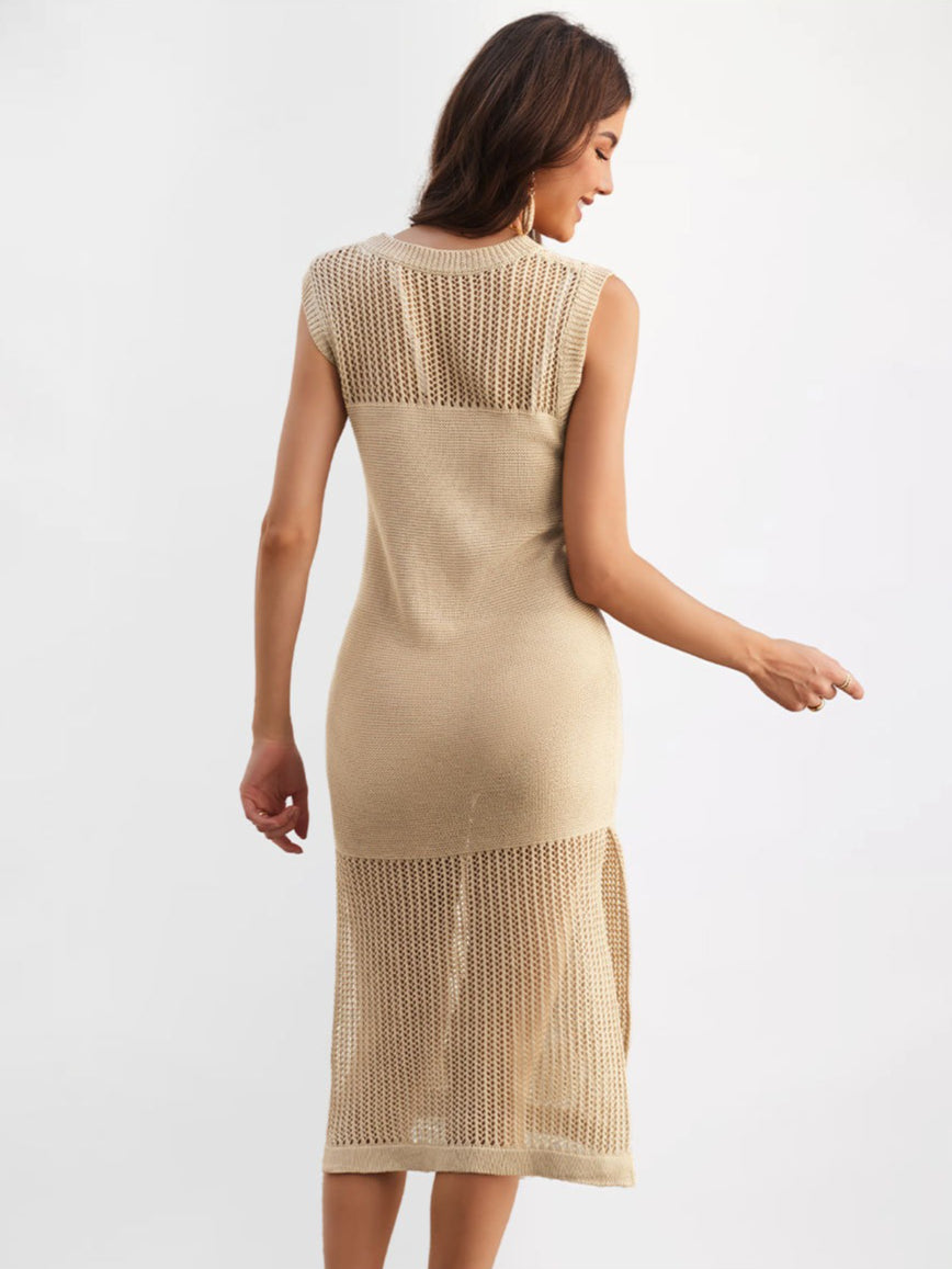 Sleeveless Knit Mesh Midi Dress Side Slit Resort