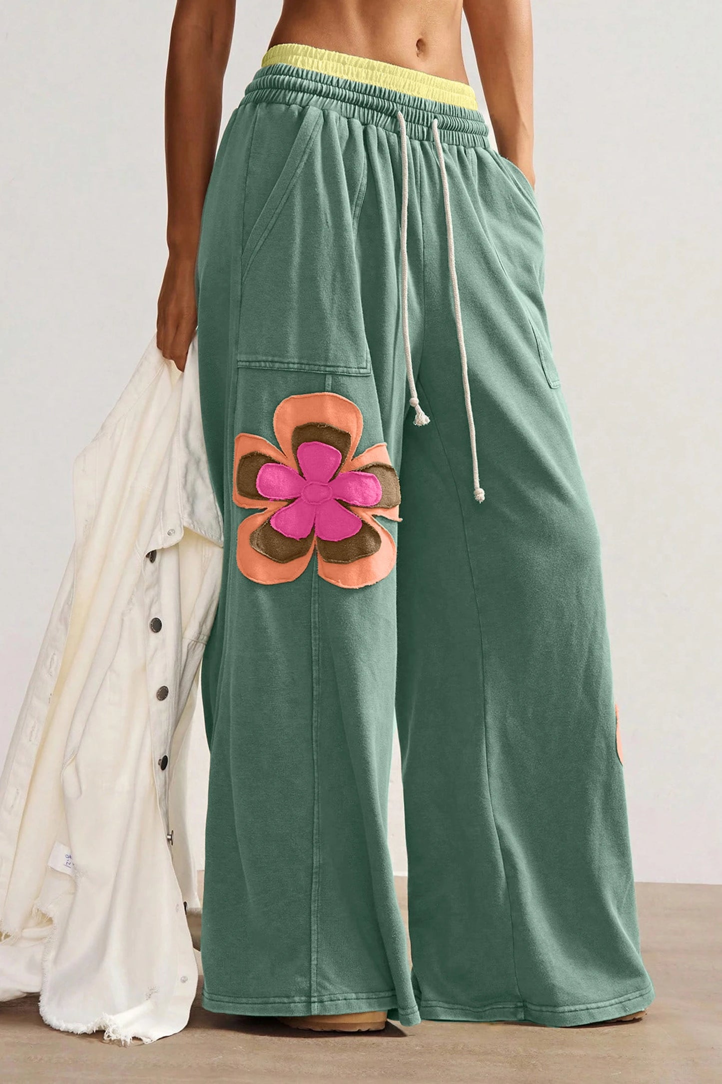 Sky Blue Color Block Flower Patchwork Drawstring Contrasted Elastic Waist Wide Leg Pants