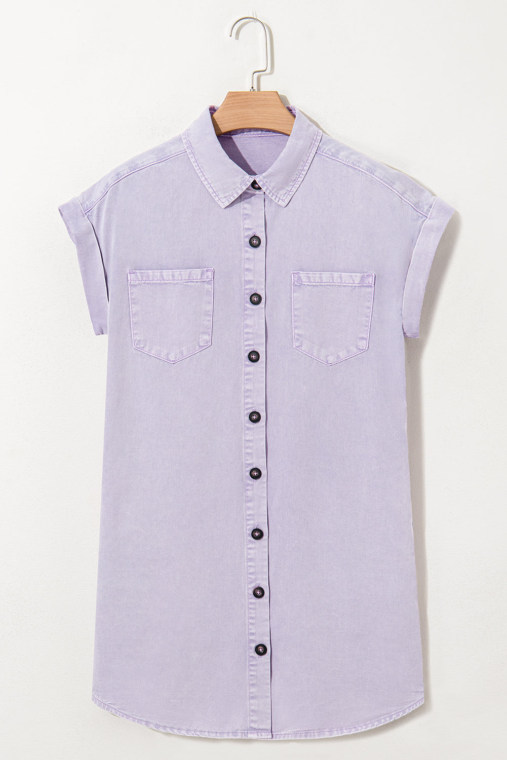 Button Front Short Sleeve Denim Shirt Dress with Chest Pockets