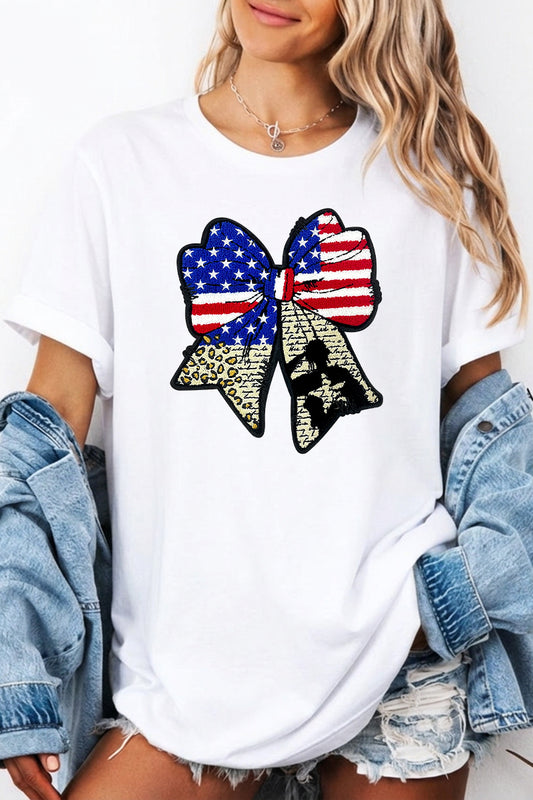 July 4th USA Flag Bow Graphic T Shirt Women
