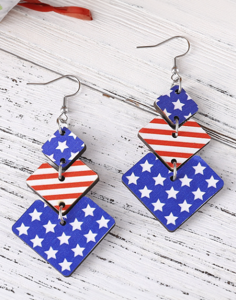 Dark Blue Geometric Wooden Star Stripe Flag Dangle Earrings