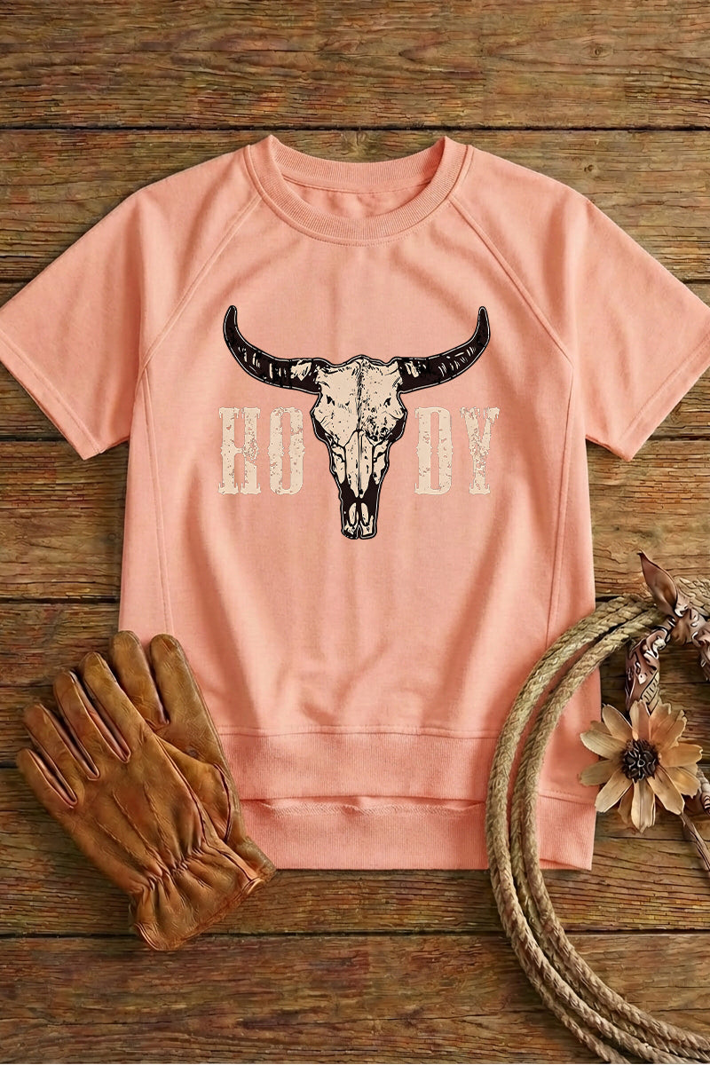 Western Howdy Cow Skull Graphic Tee Vintage Cowboy Top