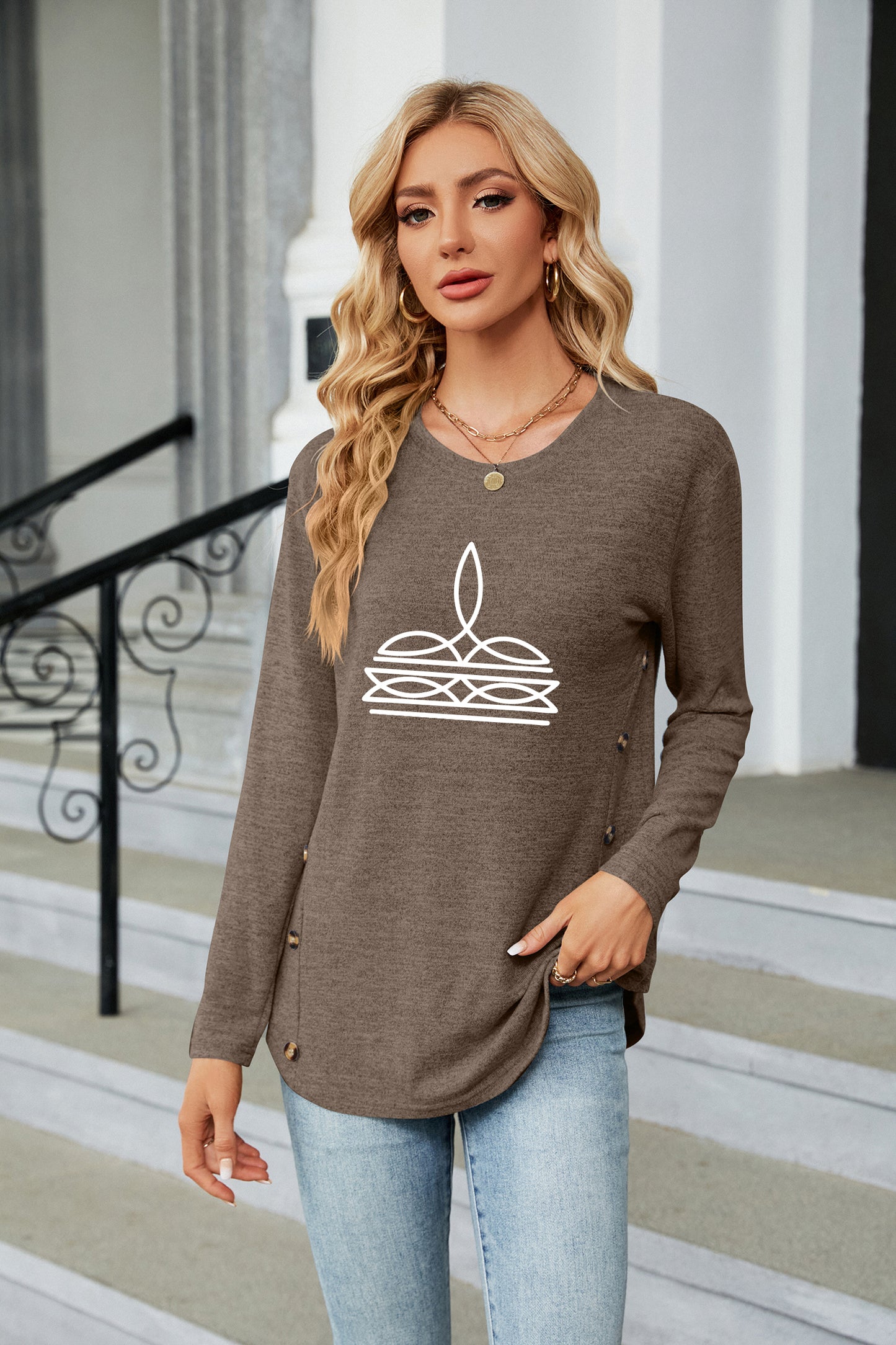 Western Minimal Line Art Long Sleeve Casual Top