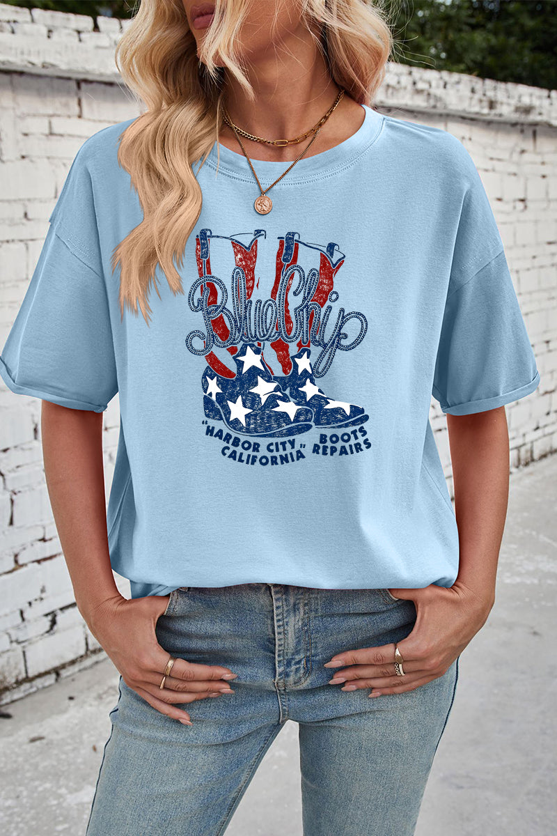 Blue Chip Boots Print Rayon Tee Oversized Patriotic Top
