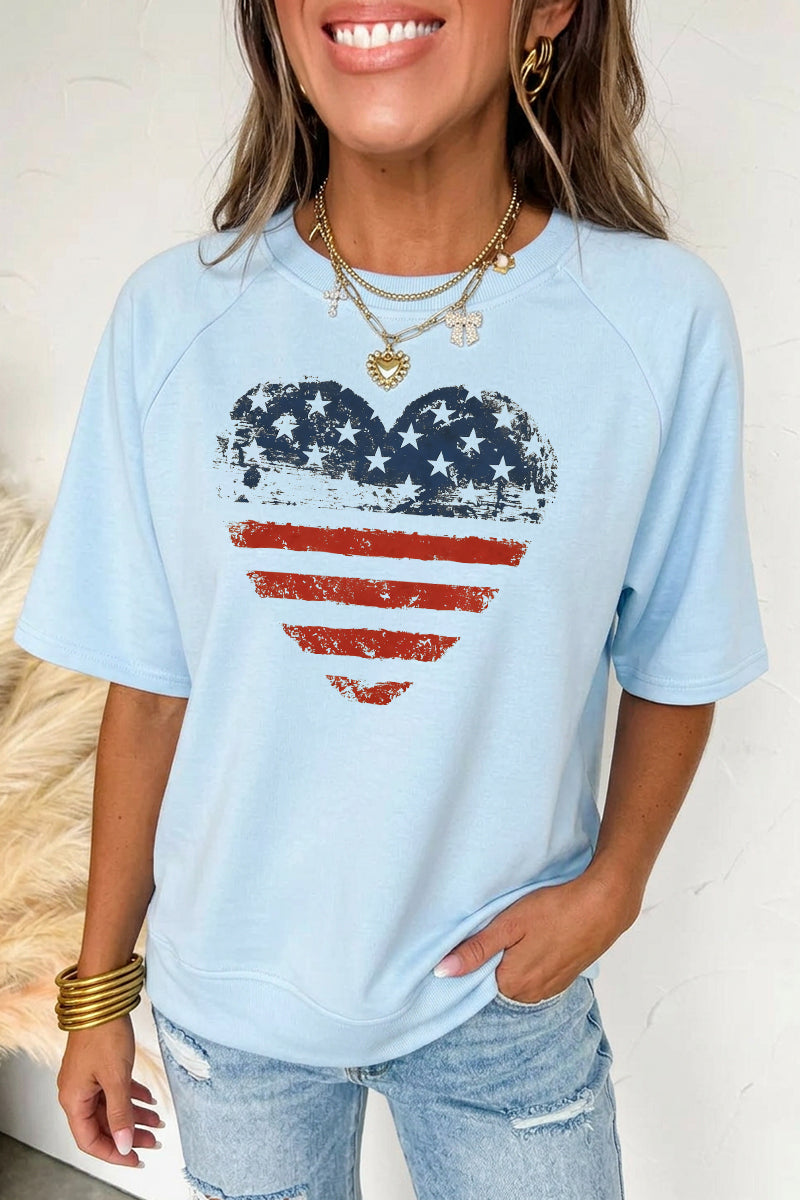 Independence Day American Flag Heart Graphic Tee Top