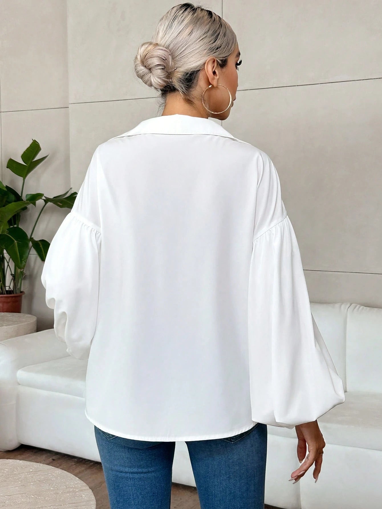 French Polka Dot Half-Open Collar Puff Sleeve Top