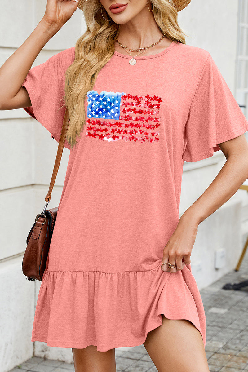 American Flag Cotton Dress Casual Ruffle Vacation