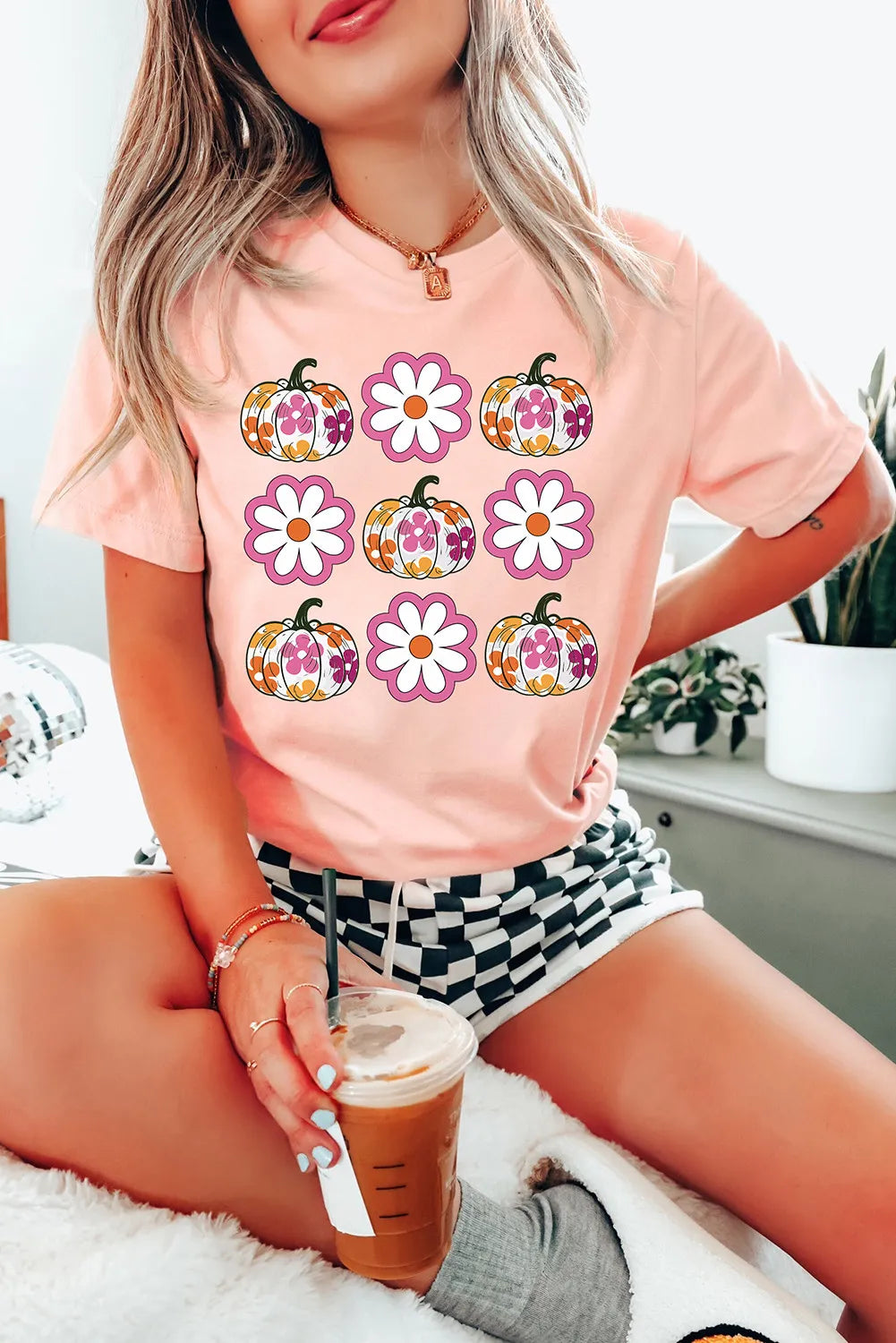 Pink Floral Pumpkin Thanksgiving Holiday Funny Graphic T Shirt