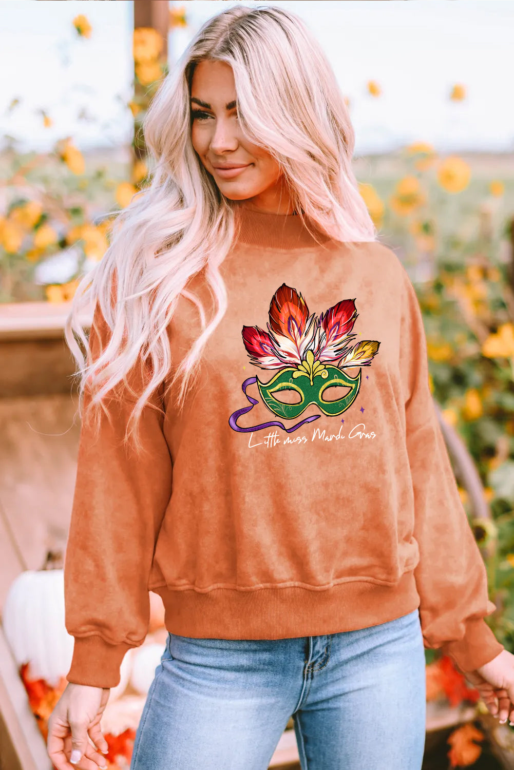 Mardi Gras Mask Graphic Washed Crewneck Sweatshirt