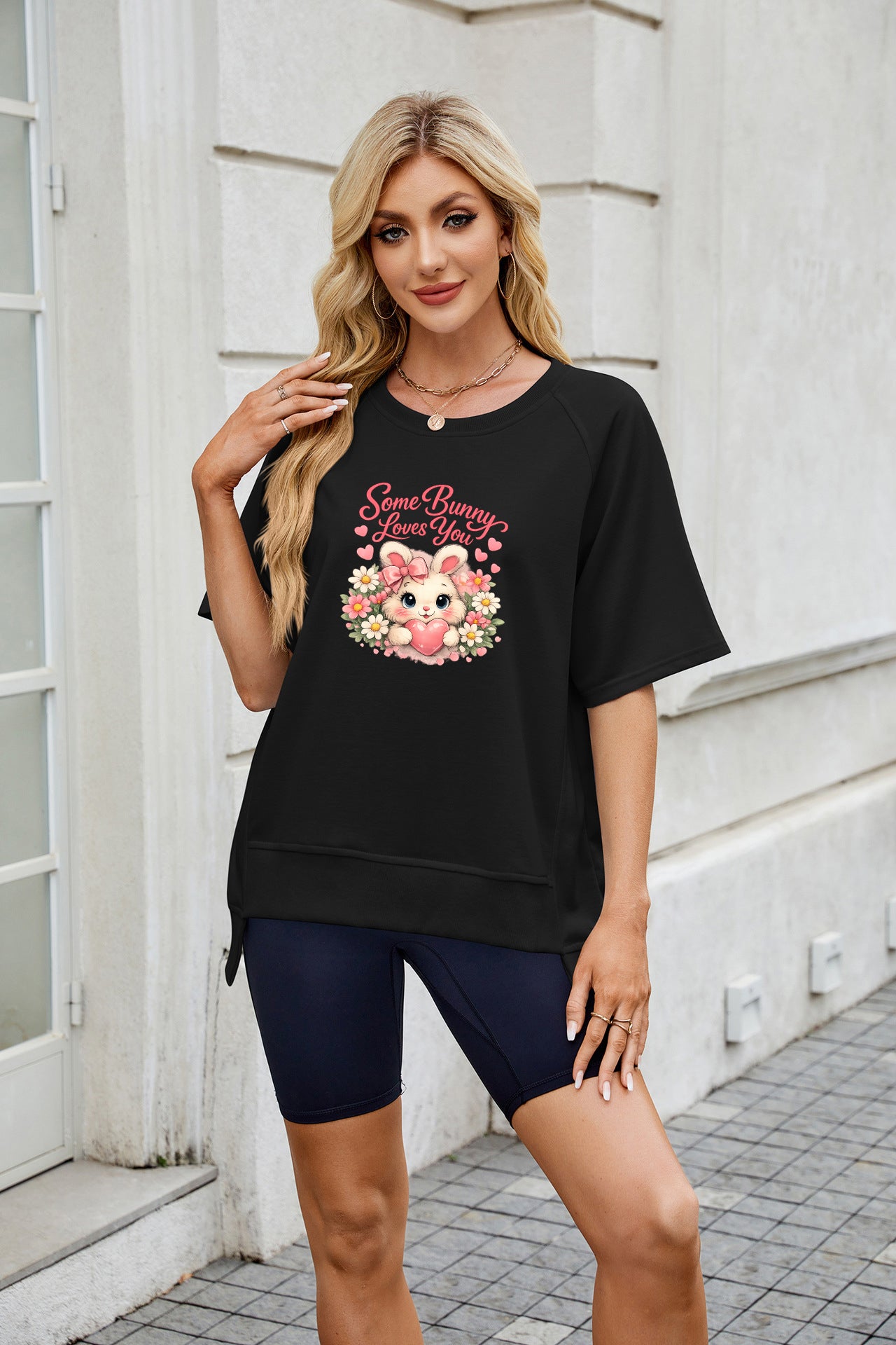 Easter Bunny Bow Graphic Casual Crewneck T Shirt