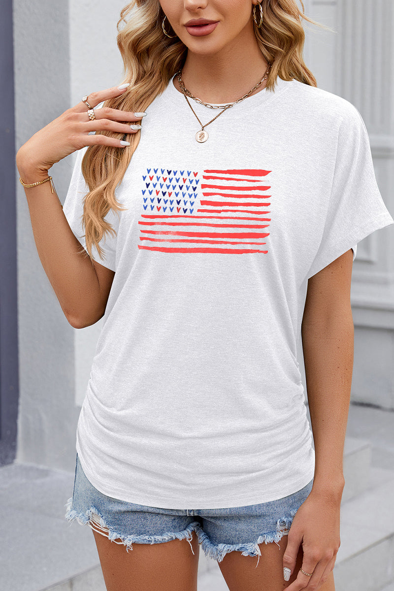USA Flag Graphic Ruched Side Casual Summer Tee
