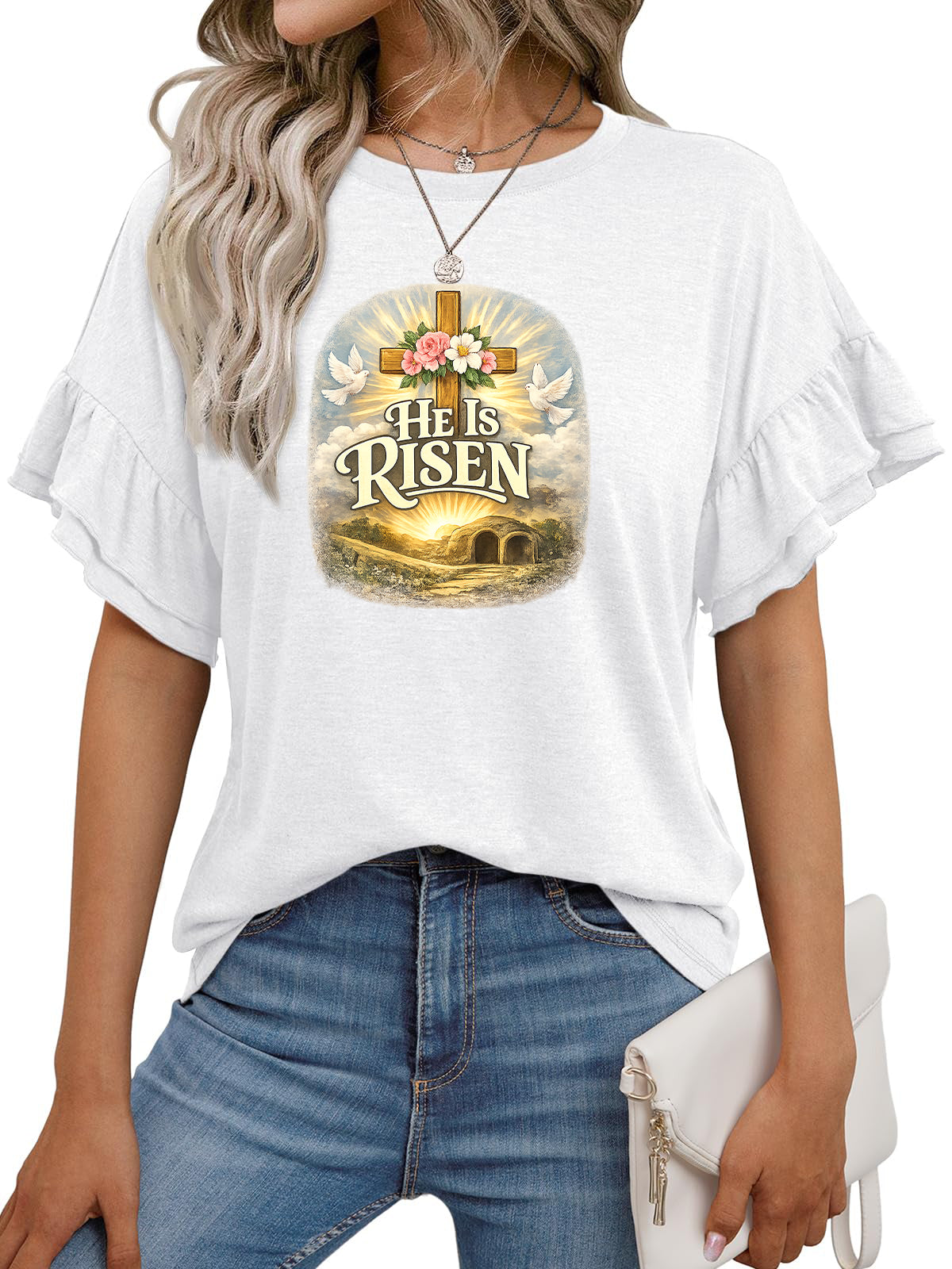 Easter He Is Risen Graphic Ruffle Sleeve Cotton T Shirt