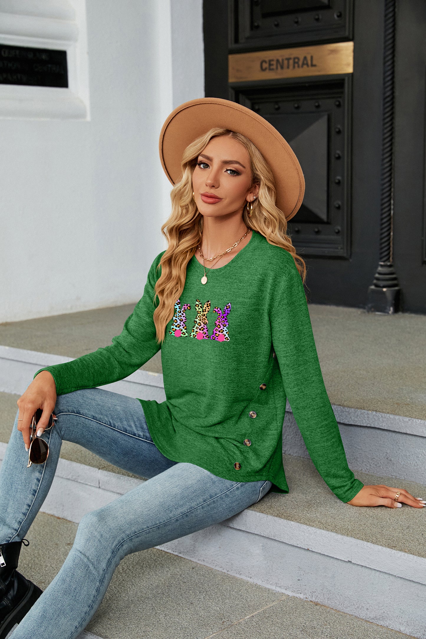Easter Leopard Bow Graphic Western Long Sleeve Top
