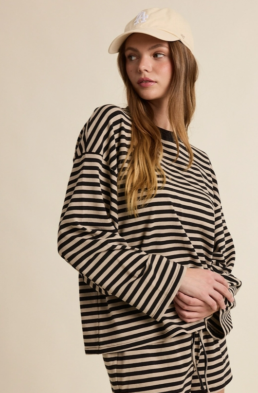 Striped Lounge Set Casual Long Sleeve Top Shorts