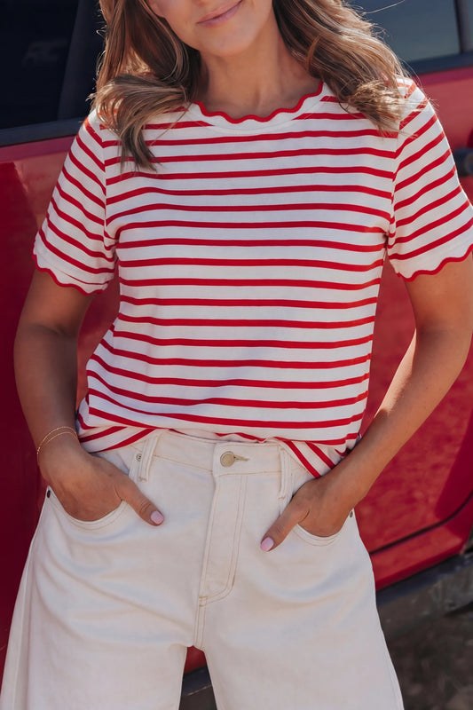 Stripe Scalloped Trim Round Neck T Shirt