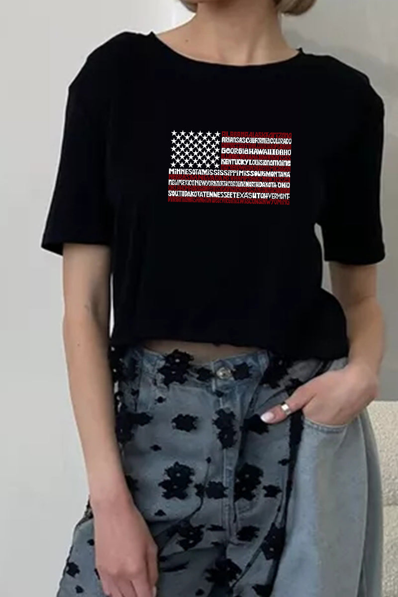 Patriotic Flag Graphic Tee Lace Patchwork Top