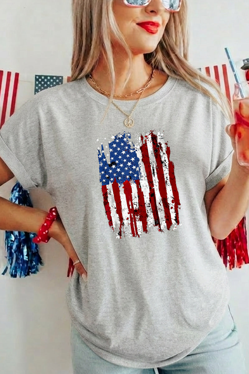 USA Flag Sequin Graphic Loose Fit Short Sleeve T Shirt