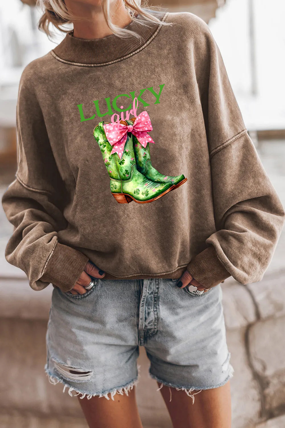 St Patrick’s Day Lucky Green Boots Bow Graphic Sweatshirt