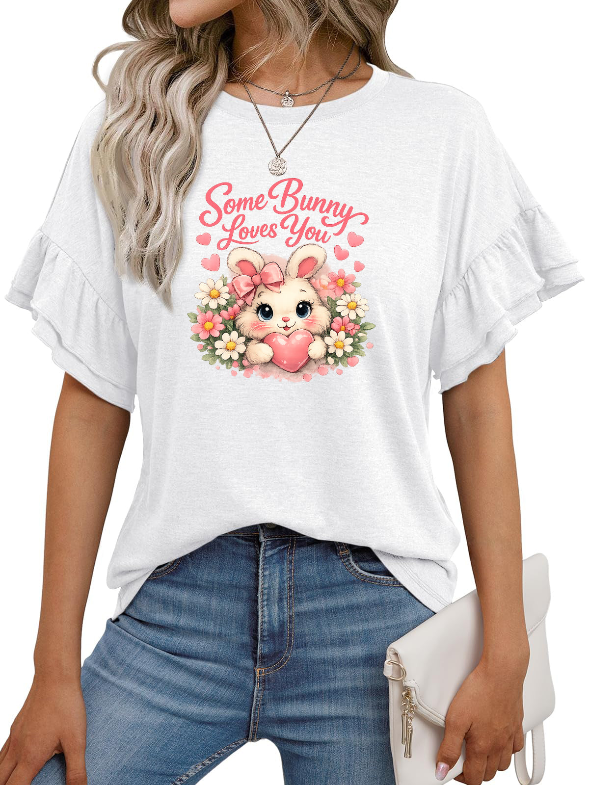 Easter Bunny Ruffle Sleeve Graphic Cotton Tee