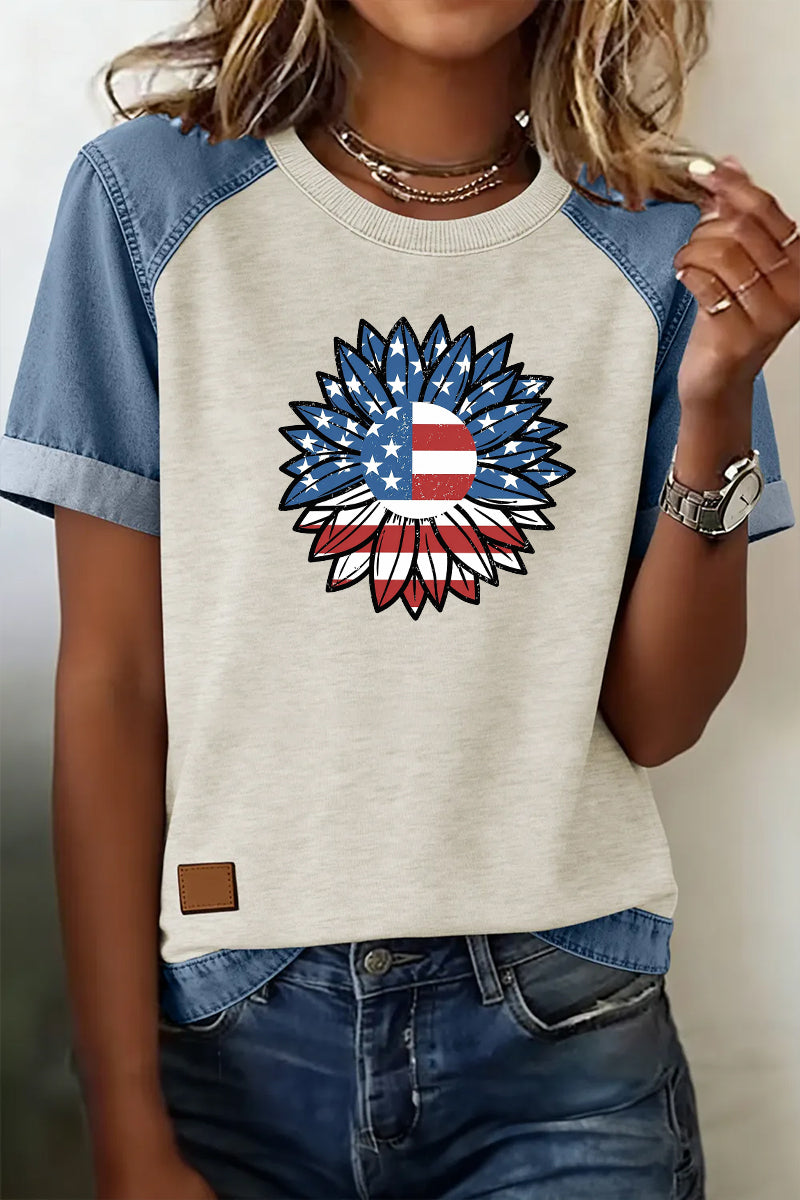 Denim Patchwork Flag Graphic Tee Casual