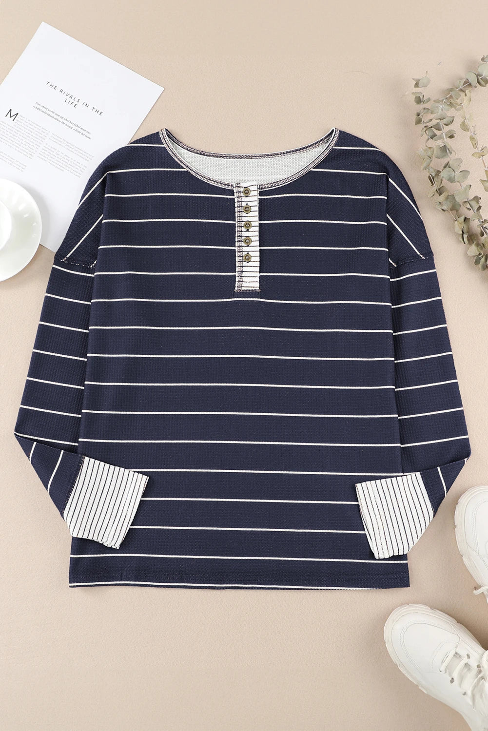 Striped Color Block Buttoned Waffle Knit Shirt