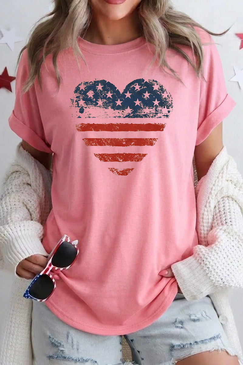 Women 4th of July American Flag Heart T Shirt