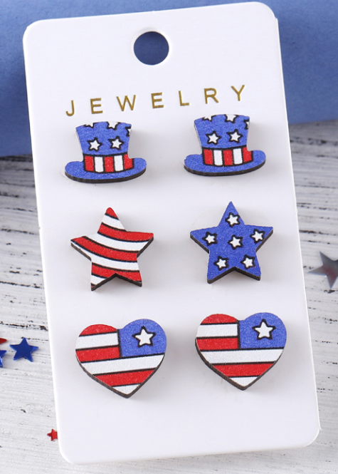 Dark Blue American Flag Hat Star Heart Stud Earrings