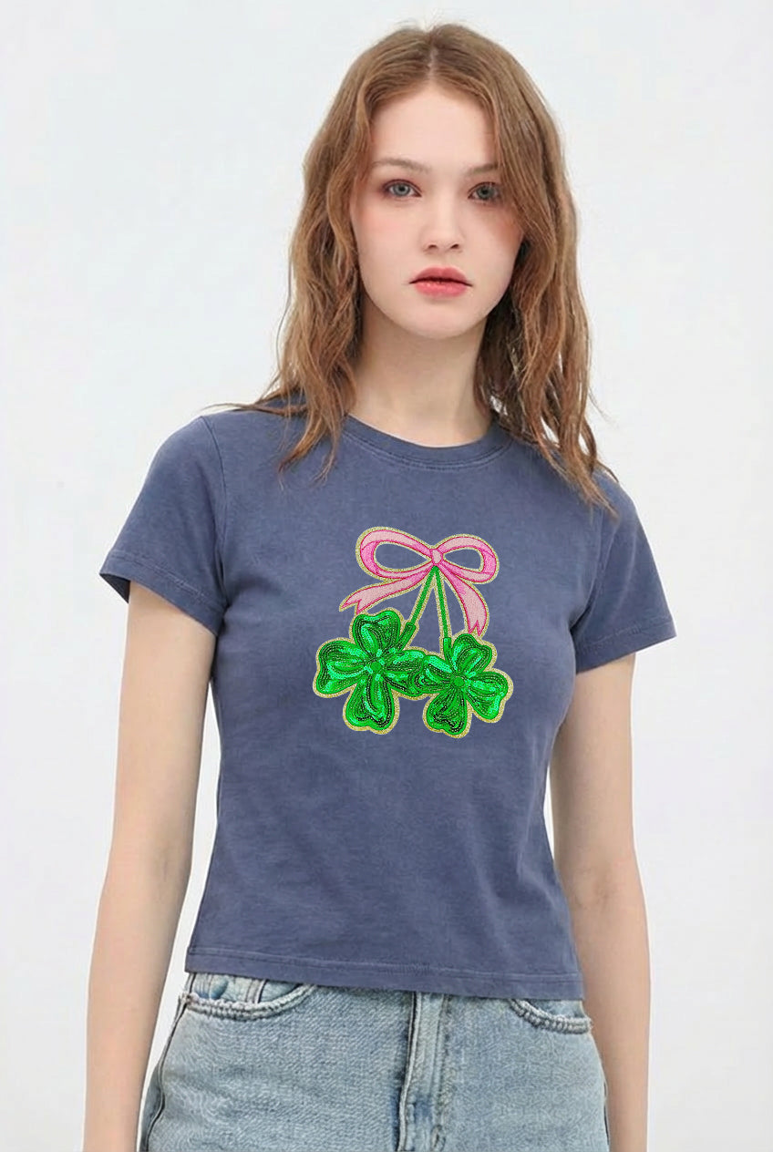 St Patricks Day Bow Shamrock Sequin Crop T-Shirt