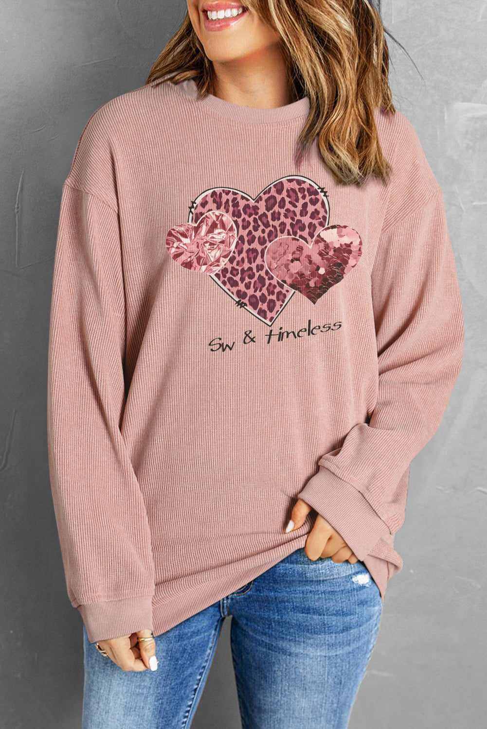 Valentine's Day Leopard Heart Sequin Black Corduroy Sweatshirt