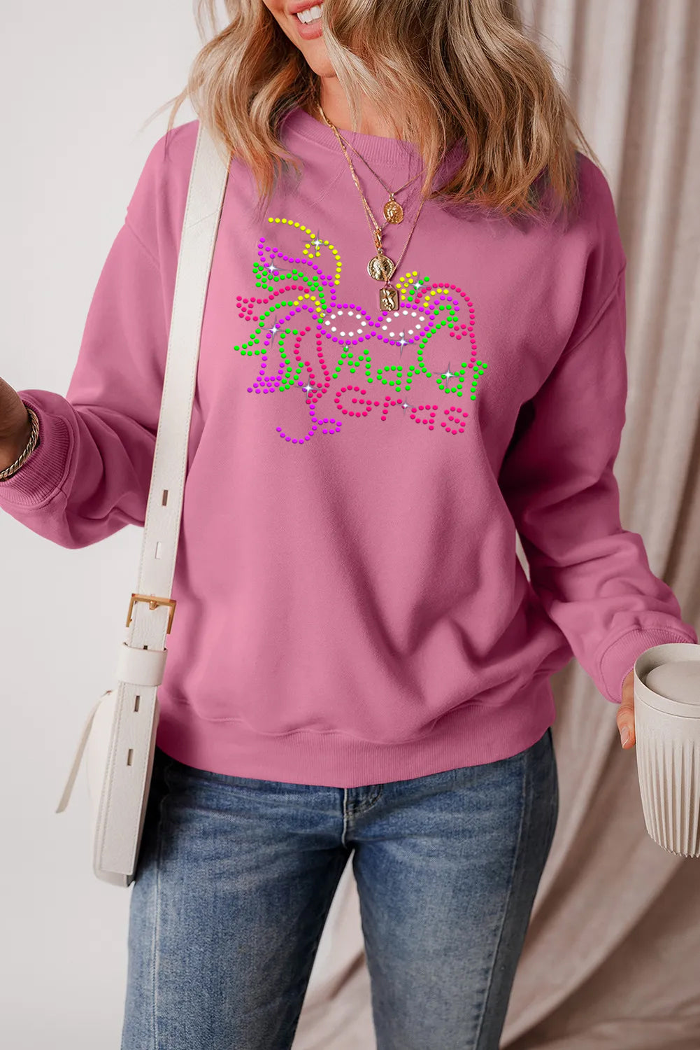 Mardi Gras Rhinestone Mask Graphic Green Sweatshirt