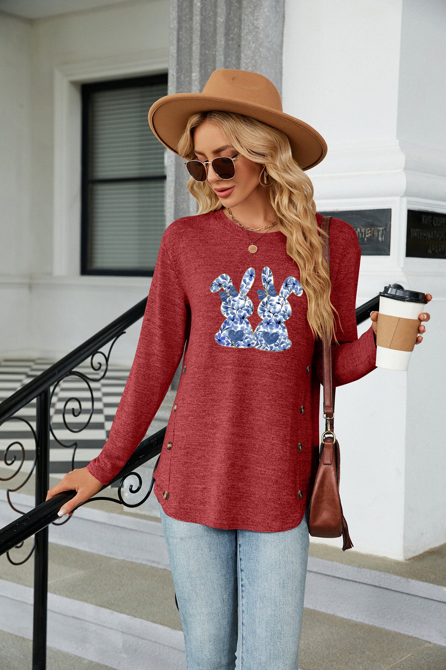 Cute Easter Bunny Graphic Crewneck Long Sleeve Top