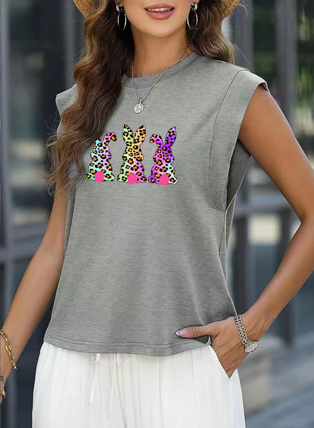 Easter Sequin Bunny Graphic Sleeveless Casual Top