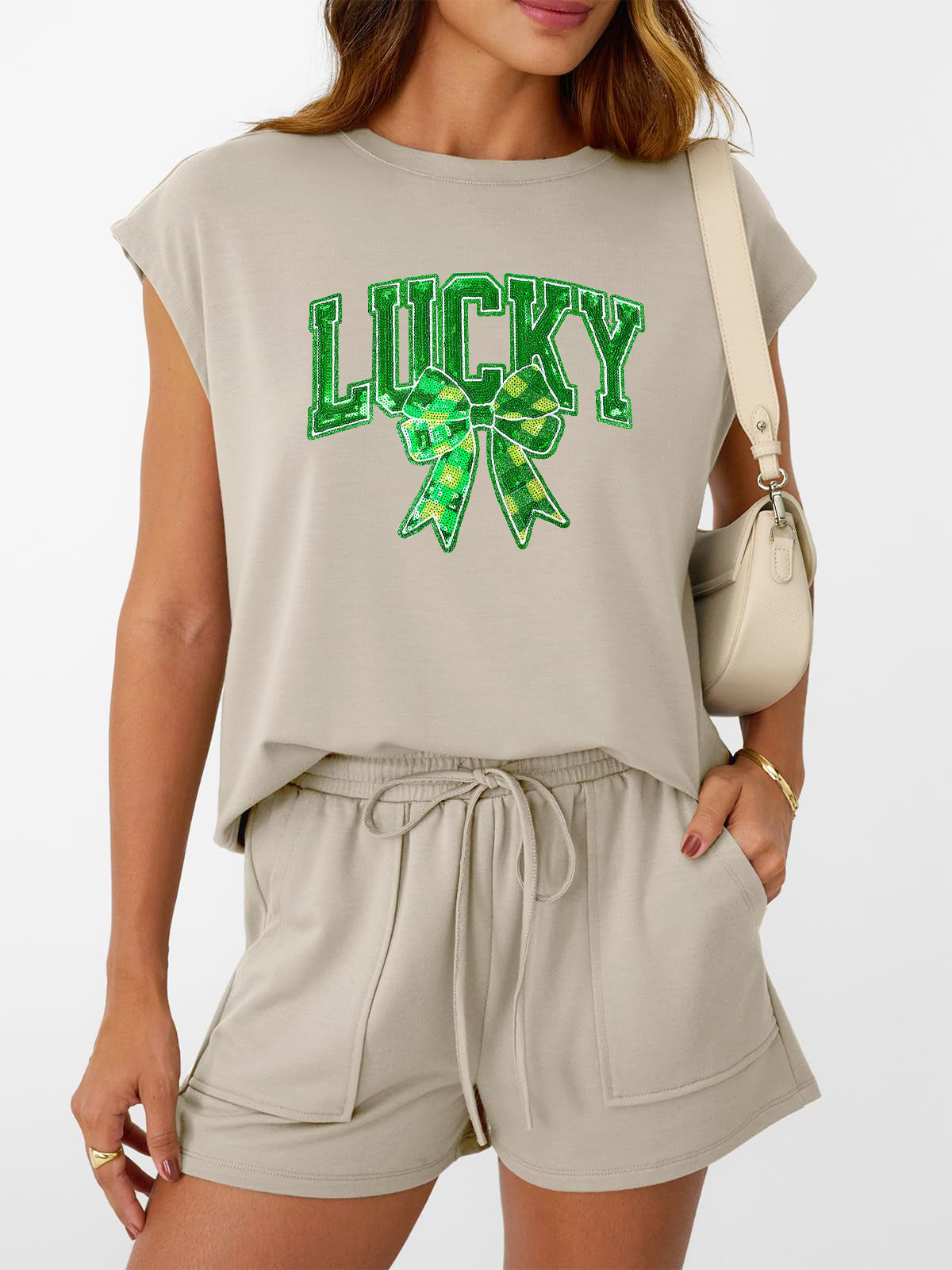 St Patricks Day Lucky Sequin Bow Two Piece Set